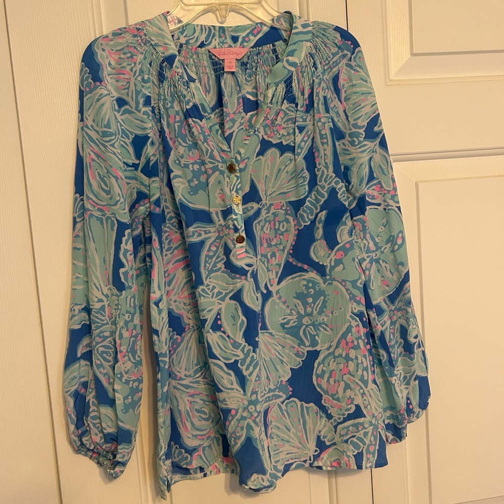 Lilly Pulitzer Blue Long Sleeve Blouse with Mandarin Collar - beautiful blouse!